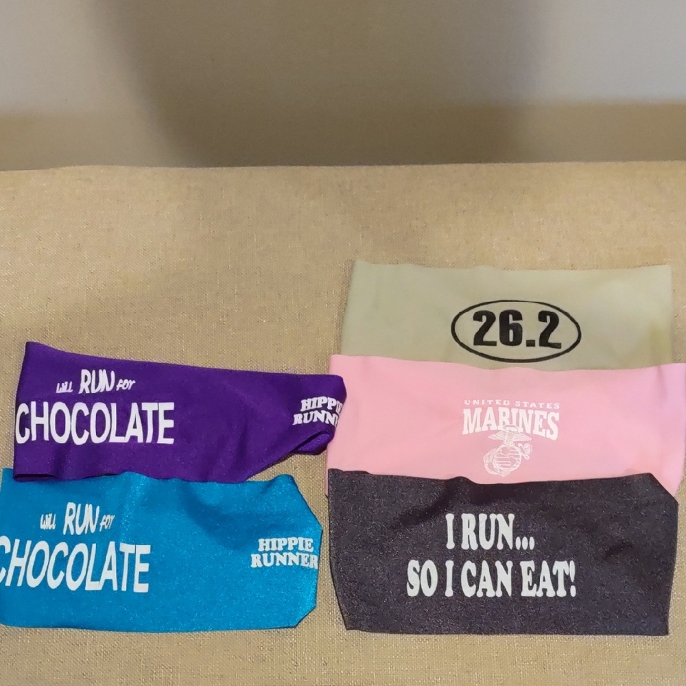 Colorful Running Headbands Set, I Run To Eat, Chocolate, Marathon Stretch